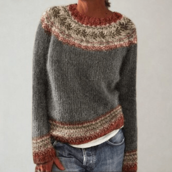 Fair Isle Pattern Knitted Jumper for Women with Round Neck