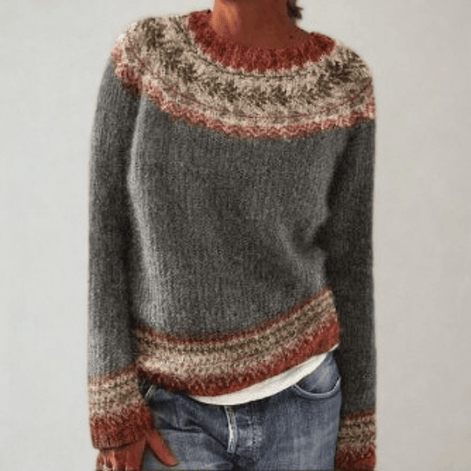 Fair Isle Pattern Knitted Jumper for Women with Round Neck