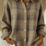 Anna Plaid Button-Up Knitted Cardigan with Collar for Women