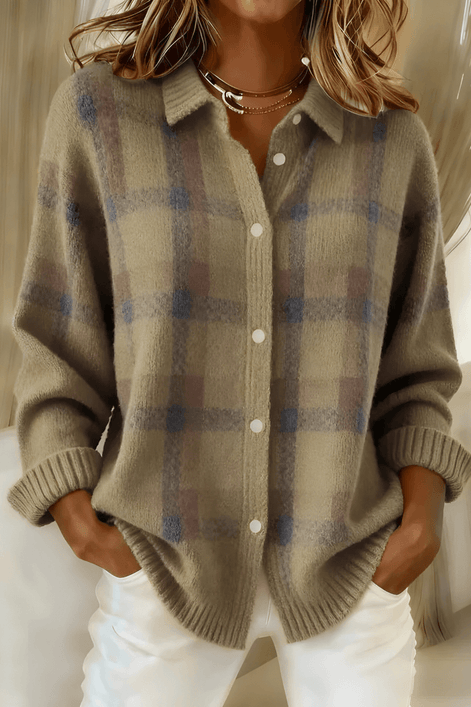 Anna Plaid Button-Up Knitted Cardigan with Collar for Women