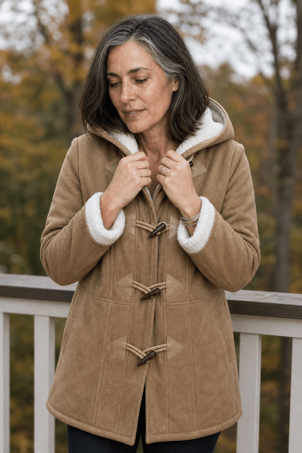Women's Hooded Faux Suede Toggle Coat with Plush Sherpa Lining