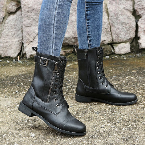 Hazel Lace-Up Combat Boots with Side Zip and Buckle Detail in Faux Leather