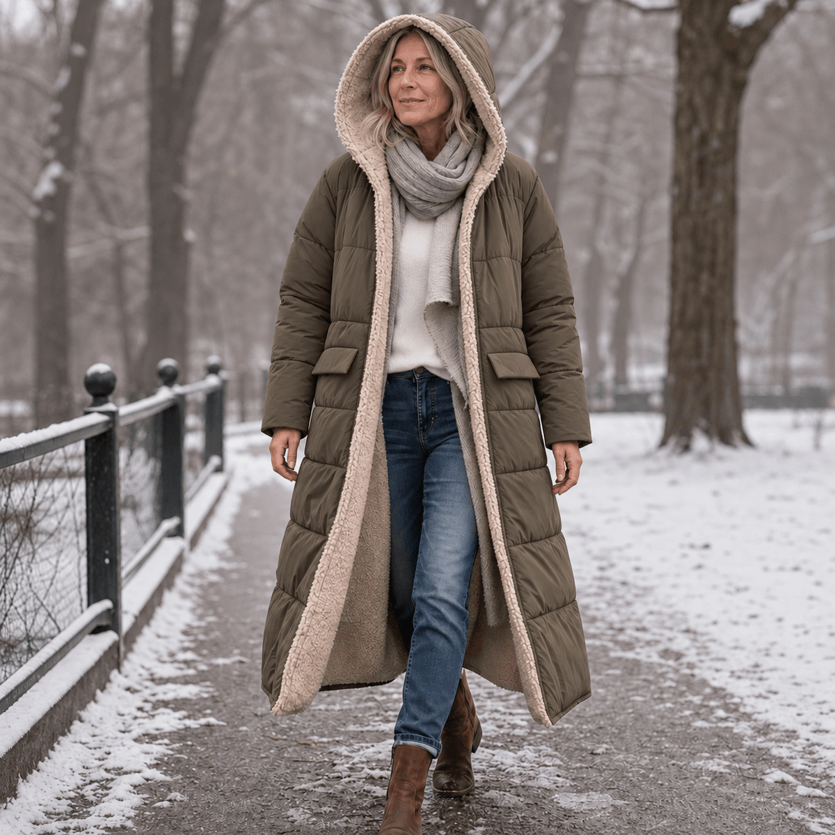 Reversible Hooded Long Puffer Coat with Faux Shearling Lining