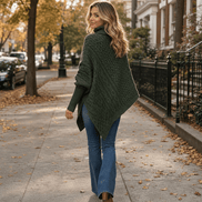 Women's Cable-Knit Turtleneck Poncho Jumper with Ribbed Trim