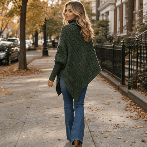 Women's Cable-Knit Turtleneck Poncho Jumper with Ribbed Trim