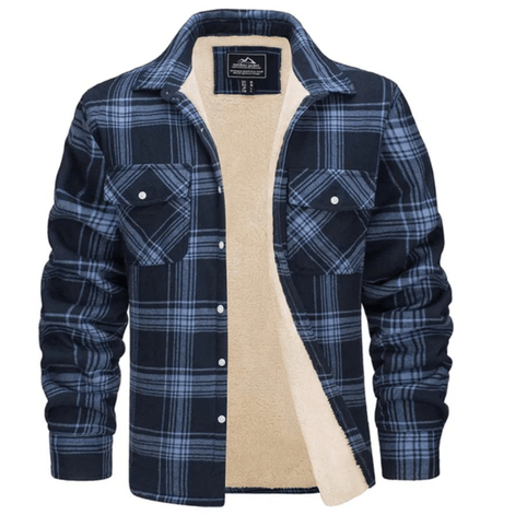 Men's Sherpa-Lined Plaid Flannel Shirt Jacket with Button Pockets