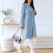 Women's Double-Breasted Long Wool-Blend Pea Coat with Notch Lapel