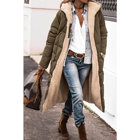 Women's Long Polyester Coat with Teddy Fleece Lining and Hood