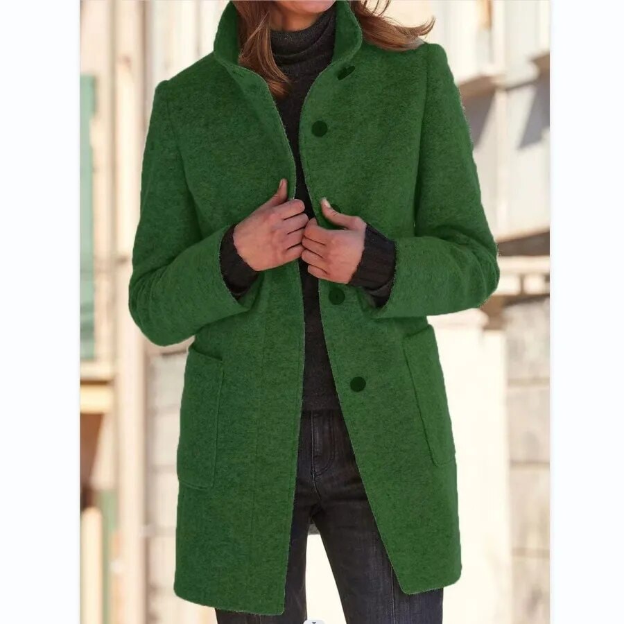 Drune Collared Wool Blend Winter Coat with Button Front for Women