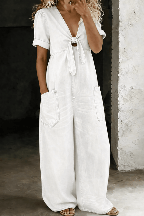 Maya Tie-Front Wide-Leg Denim Jumpsuit with Pockets