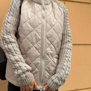 Quilted Puffer Jacket with Knitted Sleeves for Women