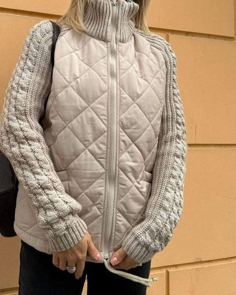 Quilted Puffer Jacket with Knitted Sleeves for Women
