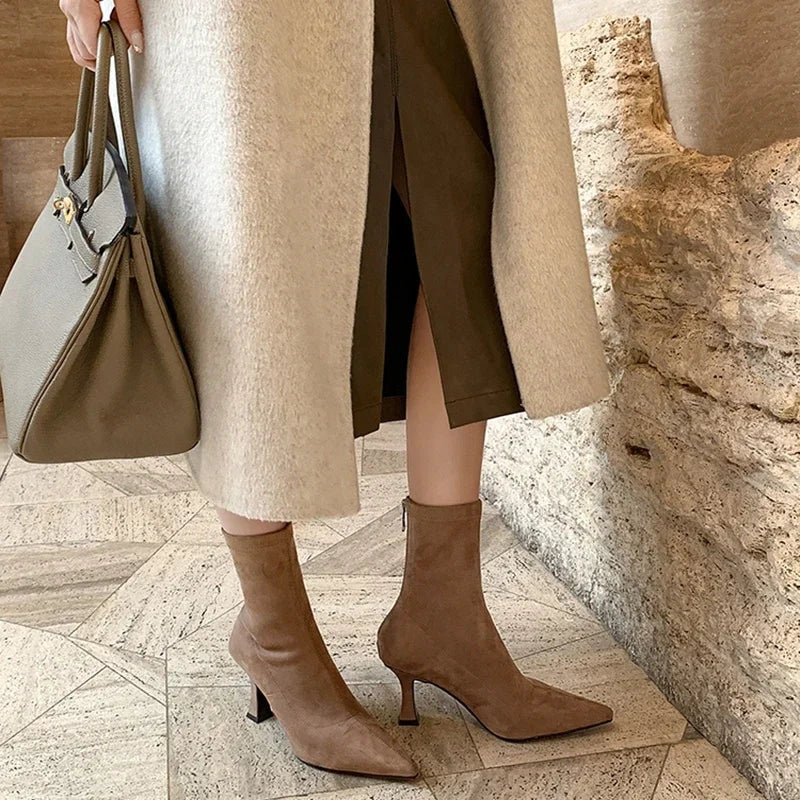 Doris Pointed-Toe Sock Boots with Kitten Heel in Suede-Effect Fabric