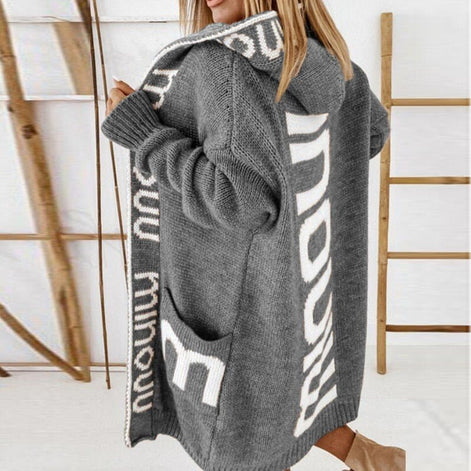 Audrey Hooded Longline Women's Knitted Cardigan with Striped Trim