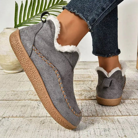 Cay Fur-Lined Suede Winter Ankle Boots for Women with Stitched Moc Toe