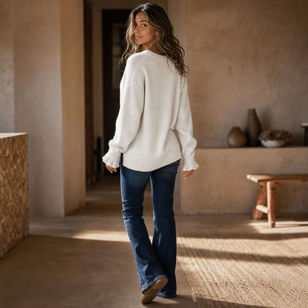 Vessa Ribbed V-Neck Button Detail Women's Knitted Jumper