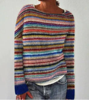 Dorothea Fair Isle Boat Neck Knit Jumper with Striped Trim