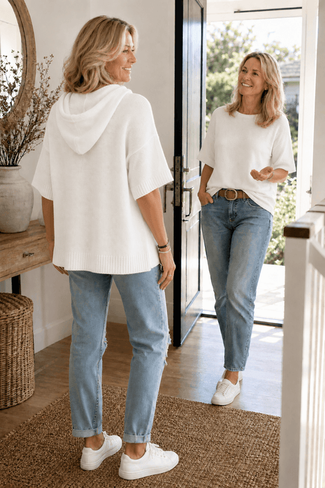 Women's Hooded Knit Jumper with Drawstring and Dropped Shoulders