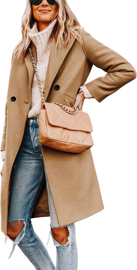 Women's Notch Lapel Double-Breasted Long Wool Winter Coat with Side Pockets