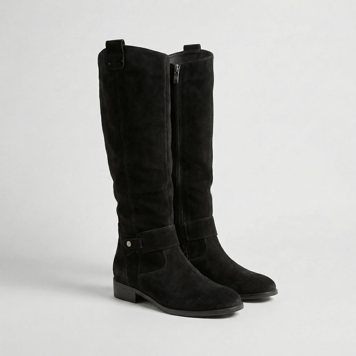 Women's Knee-High Slouch Boots with Buckle Strap Detail in Suede-Look Finish