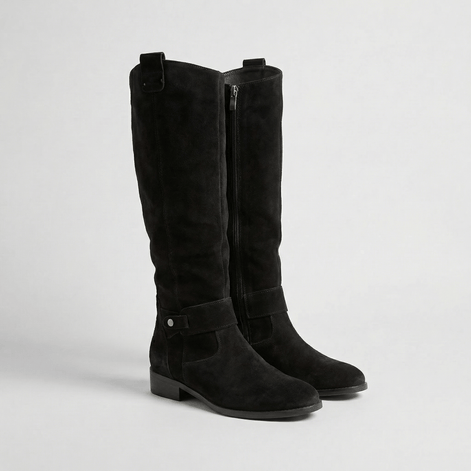 Women's Knee-High Slouch Boots with Buckle Strap Detail in Suede-Look Finish