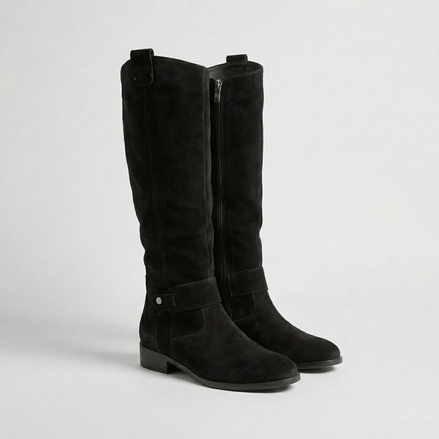 Women's Knee-High Slouch Boots with Buckle Strap Detail in Suede-Look Finish