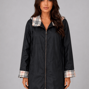 Women's Hooded Longline Zip-Up Rain Jacket with Check Trim