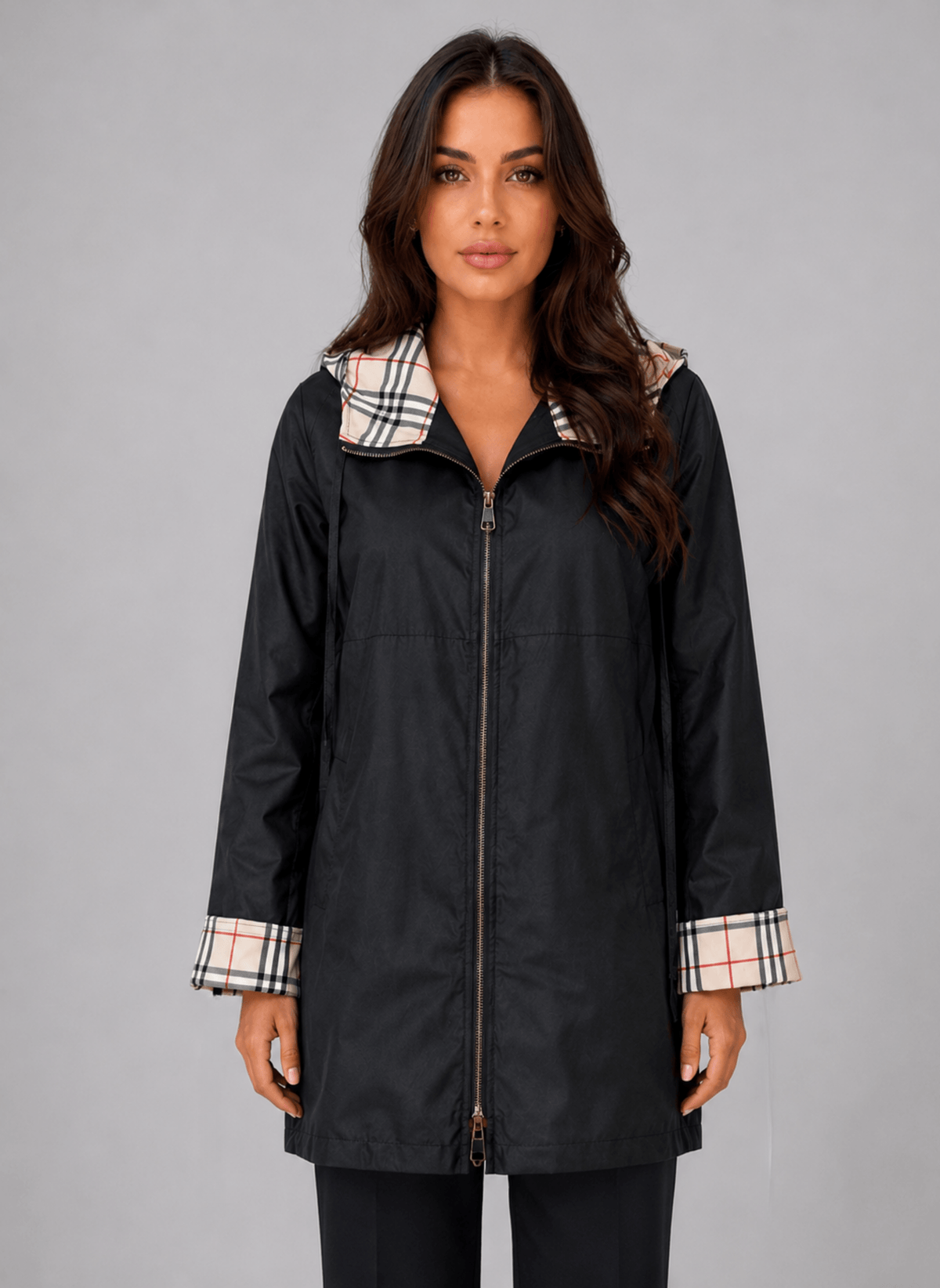 Women's Hooded Longline Zip-Up Rain Jacket with Check Trim