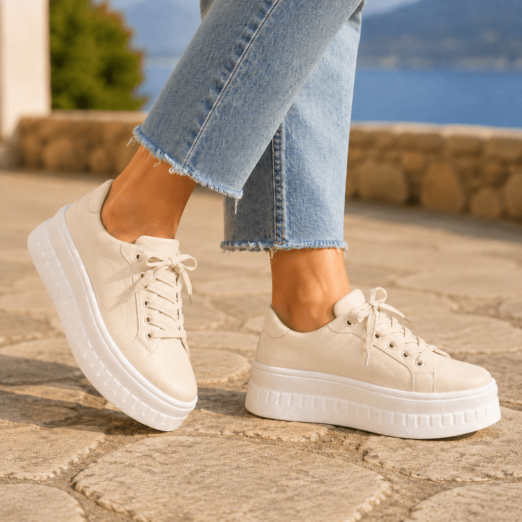 Women's Cushioned Faux Leather Sneakers with Platform Sole and Lace-Up Closure