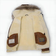 Shearling-Lined Aviator Bomber Jacket with Fur Hood for Men