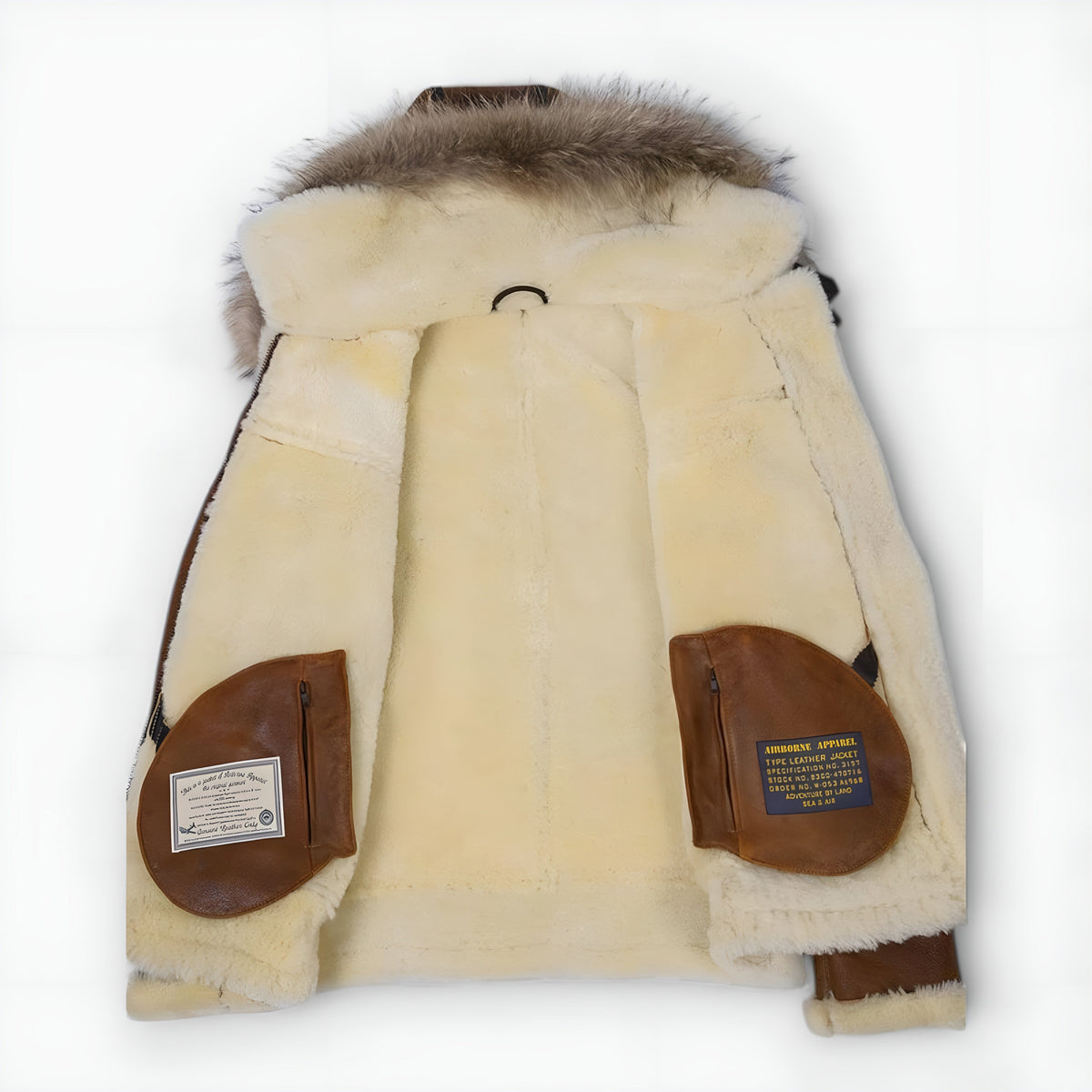 Shearling-Lined Aviator Bomber Jacket with Fur Hood for Men