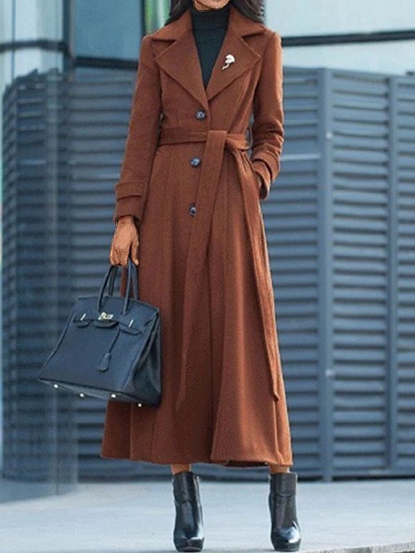 Elora Belted Shawl Collar Long Wool-Blend Coat with Button Front