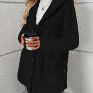 Women's Black Textured Button-Front Winter Coat with Relaxed Fit