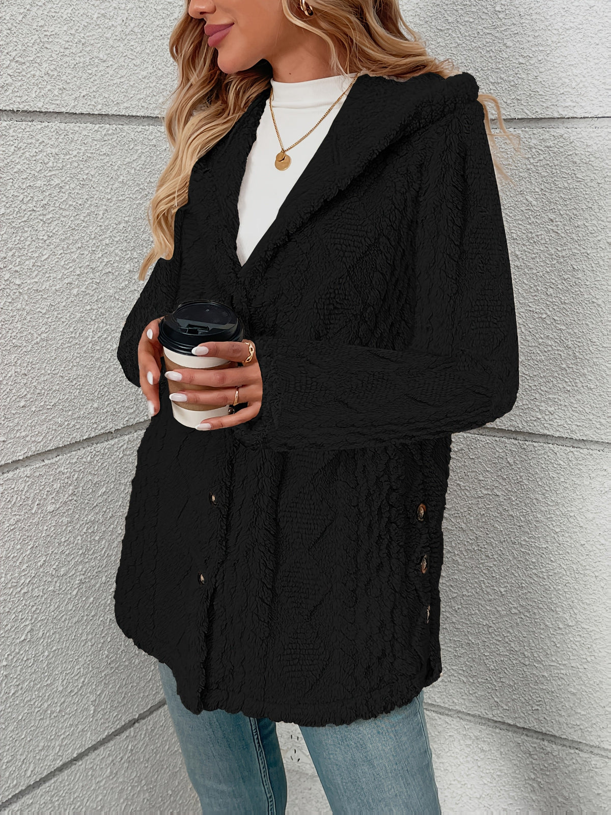 Women's Black Textured Button-Front Winter Coat with Relaxed Fit