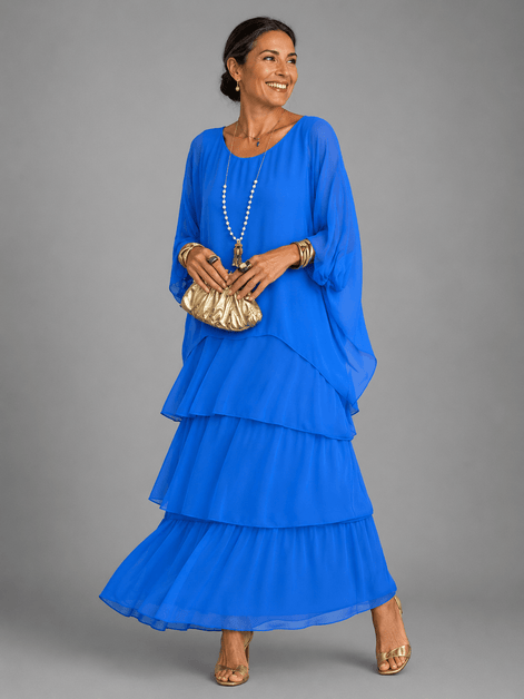 Tiered Chiffon Women's Maxi Dress with Flutter Sleeves and Layered Hem