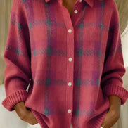 Sarah Plaid Button-Front Knitted Cardigan with Collar