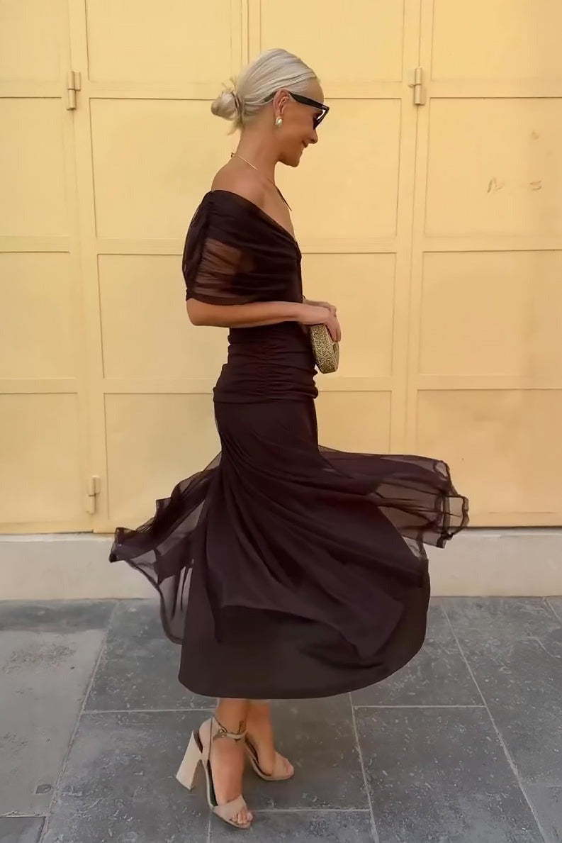 Wrap V-Neck Mesh Overlay Midi Dress for Christmas Party Events