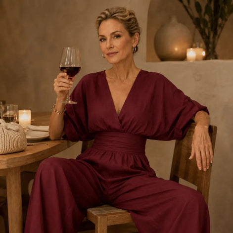 Wide Leg V-Neck Jumpsuit with Pleated Waist Sash for Women