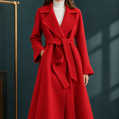 Giulia-Jane Women's Belted Wool Winter Coat with Notched Lapels and Wrap Front
