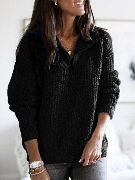 Women's Half-Zip Textured Knitted Jumper with Stand Collar