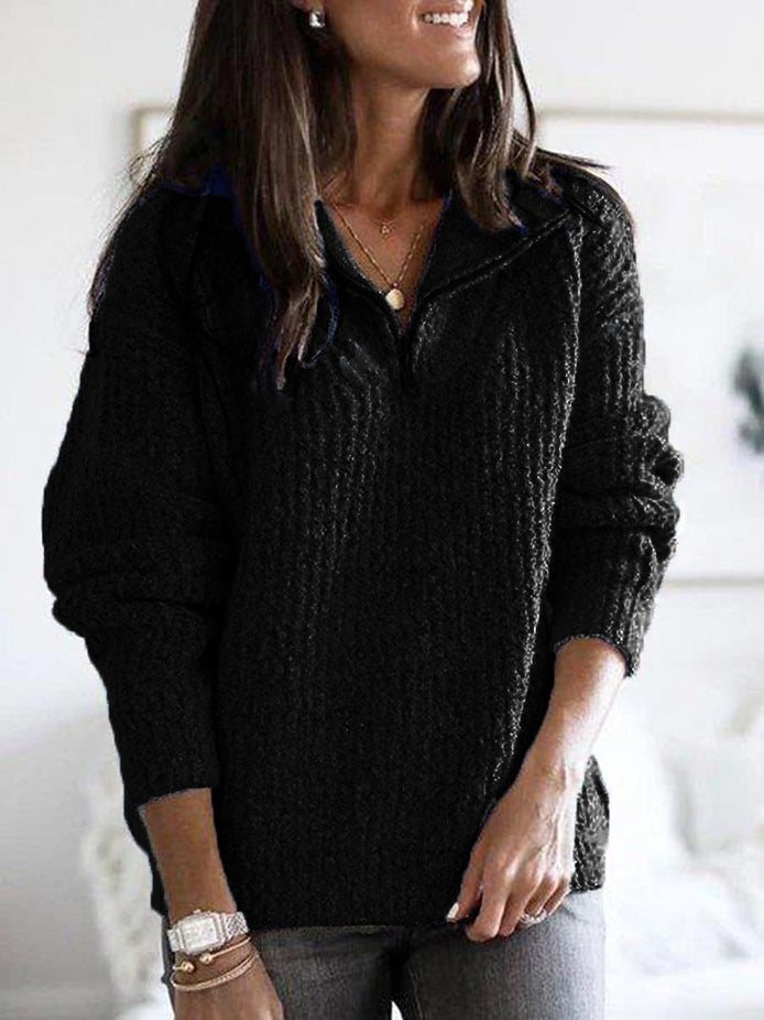 Women's Half-Zip Textured Knitted Jumper with Stand Collar