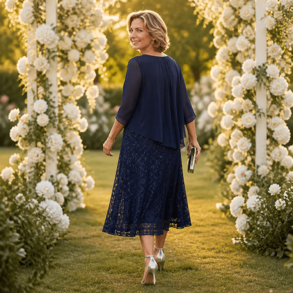 Elavine Sheer-Sleeve Floral Lace Overlay Chiffon Women's Midi Dress
