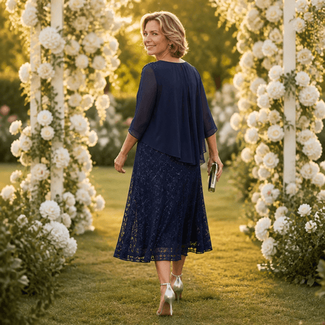 Elavine Sheer-Sleeve Floral Lace Overlay Chiffon Women's Midi Dress