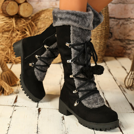 Faux Suede Knee-High Winter Boots for Women with Faux Fur Trim and Lace-Up Detail