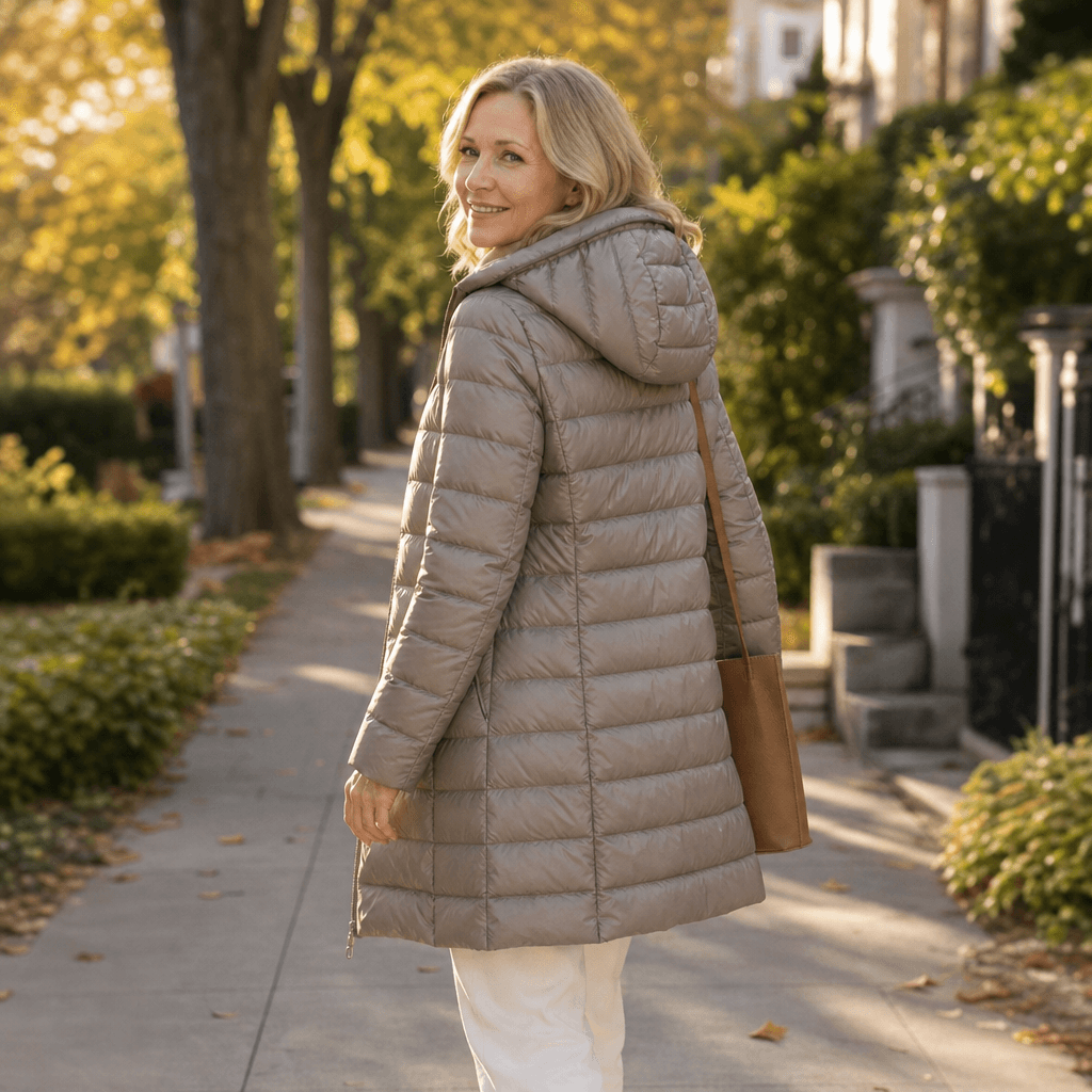 Women's Long Quilted Puffer Coat with Hood in Polyester