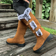 Women's Faux Suede Mid-Calf Snow Boots with Faux Fur Trim and Buckle Detail