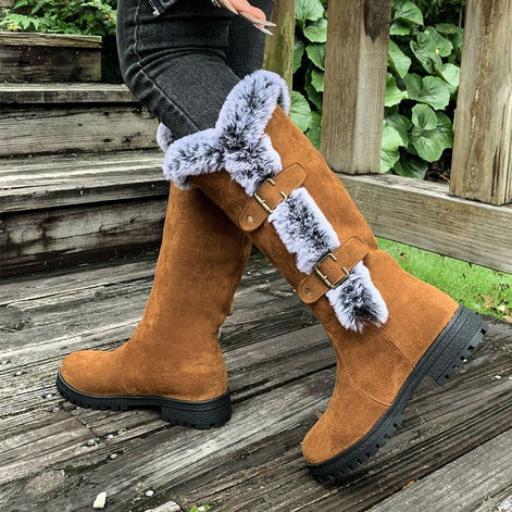 Women's Faux Suede Mid-Calf Snow Boots with Faux Fur Trim and Buckle Detail