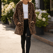 Women's Leopard Print Faux Fur Longline Coat with Open Front