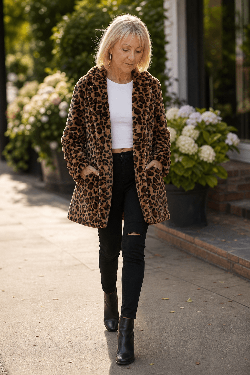 Women's Leopard Print Faux Fur Longline Coat with Open Front