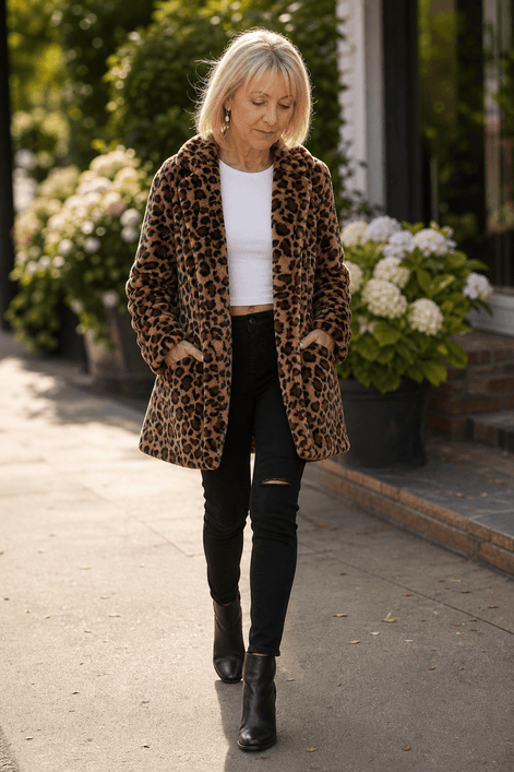 Women's Leopard Print Faux Fur Longline Coat with Open Front